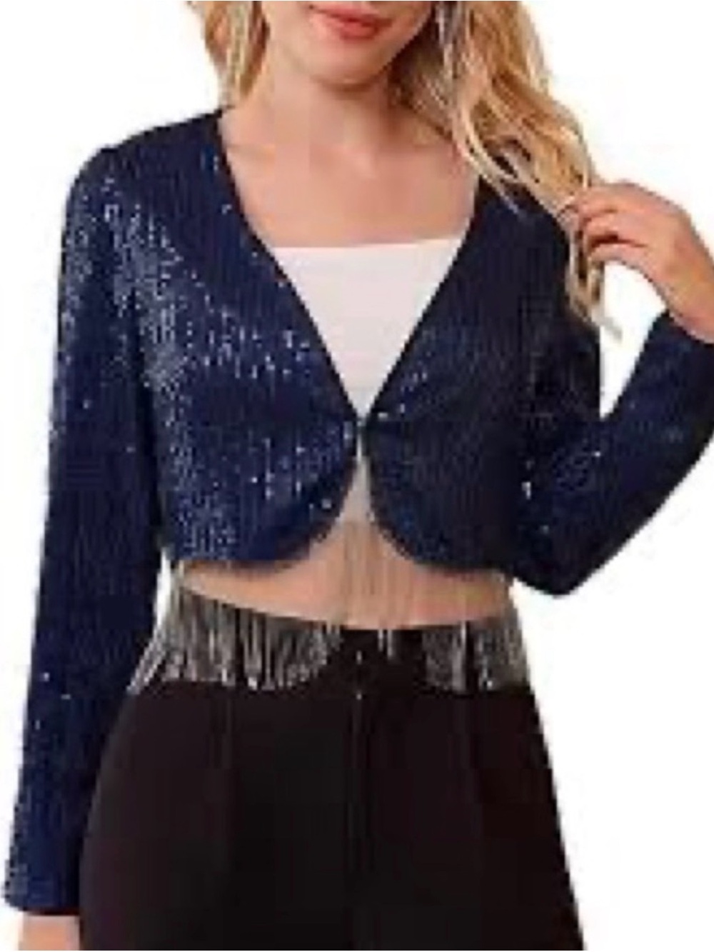 Kate Kasin navy sequin jacket -cropped bolero long sleeves